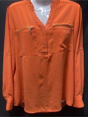 Conrad C Collection Orange Zip Pocket Blouse Roll Tab Sleeve Size 4
